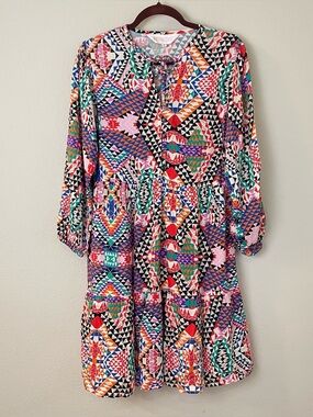 Briton Court Multi-Color Geometric Long Sleeves Tiered Dress Size Small